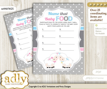 Twins Lamb Guess Baby Food Game or Name That Baby Food Game for a Baby Shower, Pink Blue Polka