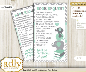 Request a Book Instead of a Card for Boy Elephant Baby Shower or Birthday, Printable Book DIY Tickets, Chevron, Mint Grey