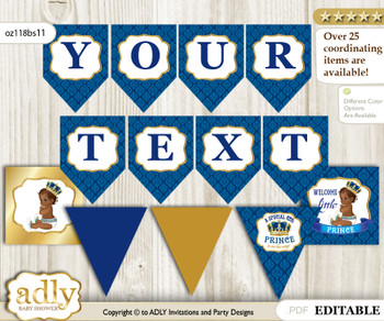 DIY Personalizable King Prince Printable Banner for Baby Shower, Royal blue, African