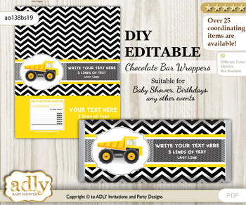 DIY Personalizable Truck Construction Chocolate Bar Candy Wrapper Label for Truck  baby shower, birthday Yellow Black , editable wrappers