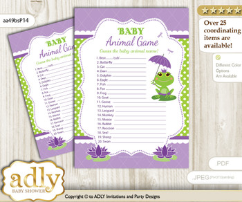Printable Girl Frog Baby Animal Game, Guess Names of Baby Animals Printable for Baby Frog Shower, Green Purple, Polka