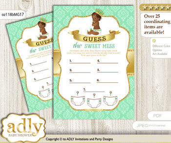 African Prince Dirty Diaper Game or Guess Sweet Mess Game for a Baby Shower Gold, Mint
