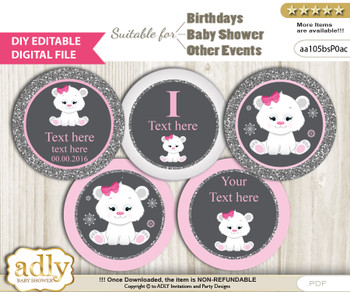 DIY Text Editable Girl Polar Bear Cupcake Toppers Digital File, print at home, suitable for birthday, baby shower, baptism