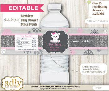 DIY Text Editable Girl Polar Bear Water Bottle Label, Personalizable Wrapper Digital File, print at home for any event 