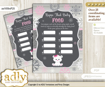 Girl Polar Bear Guess Baby Food Game or Name That Baby Food Game for a Baby Shower, pink grey Snowflake