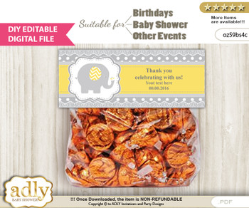 DIY Text Editable Neutral Elephant Goodie  Treat Bag Toppers, Favor Bag Digital File, print at home 