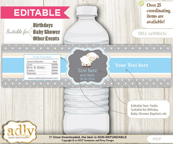 DIY Text Editable Boy Lamb Water Bottle Label, Personalizable Wrapper Digital File, print at home for any event 
