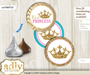 Printable  Princess  Royal Candy Kisses for Baby Princess Shower DIY Pink Turquoise , Crown