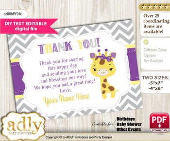 DIY Editable Giraffe Girl Thank you Printable card, only text editable thank you for Baby Shower or Birthday Party