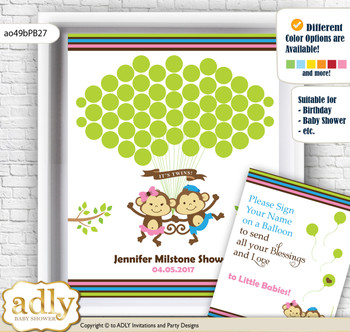 Monkeys Girl Boy Guest Book Alternative for a Baby Shower, Creative Nursery Wall Art Gift, Pink Blue Green, Twins