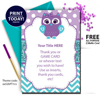 Baby Girl owl digital editable all purpose card,purple and teal owl,baby shower  DIY card chevron