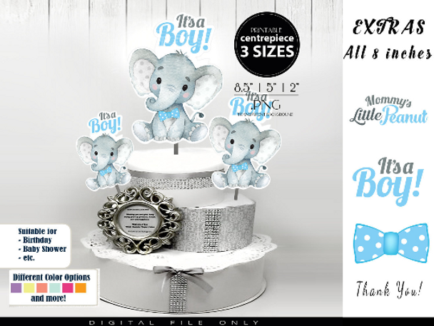 Boy Elephant with Blue Bow Tie Centrepiece, topper, decoration for Baby Boy Shower in Polka Blue & Gray,it's a boy, create your own decor