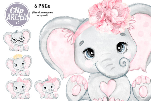 Blush Pink Baby Girl Elephant Watercolor PNG images, light pink ears cute baby elephant clip art. 
WHAT IS INCLUDED?
1 Watercolor Baby Elephant with heart on the chest and the pink paws on the feet clip art. 
1 Pink bow 
1 floral headband
1 glasses
1 pink polka headband
1 golden princess
Size: little girl elephant is 12"" wide and around 9 "" high, 300 dpi (for professional printing) in PNG format and 1 EPS vector file (scalable in size for large projects).
All you need to create baby girl elephant baby shower, birthday invitations and matching items, cake toppers, etc.