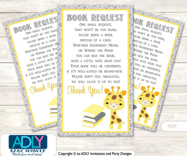 Request a Book Instead of a Card for Neutral Giraffe Baby Shower or Birthday, Printable Book DIY Tickets, Safari, Grey Yellow