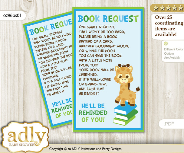 Request a Book Instead of a Card for Boy Giraffe Baby Shower or Birthday, Printable Book DIY Tickets, Safari, Blue Green