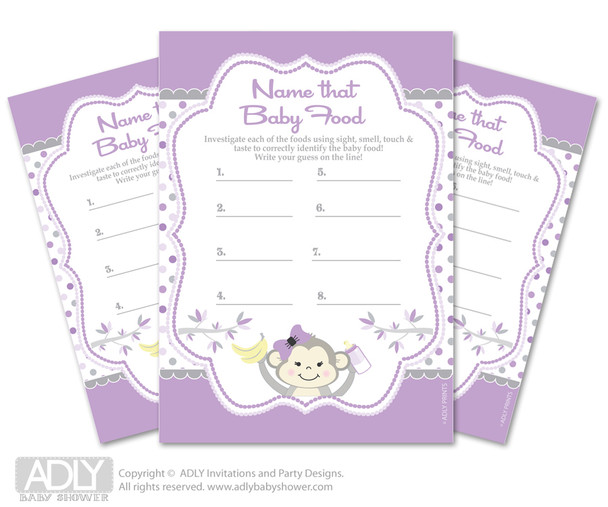 Girl  Monkey  Guess Baby Food Game or Name That Baby Food Game for a Baby Shower,  Grey Purple 