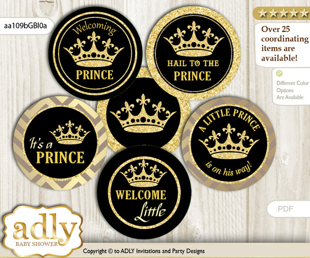 Baby Shower Prince Royal Cupcake Toppers Printable File for Little Prince and Mommy-to-be, favor tags, circle toppers, Crown, Black Gold