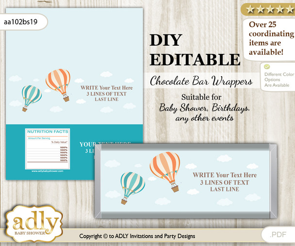 DIY Personalizable Neutral Air Balloon Chocolate Bar Candy Wrapper Label for Neutral  baby shower, birthday Coral Teal , editable wrappers