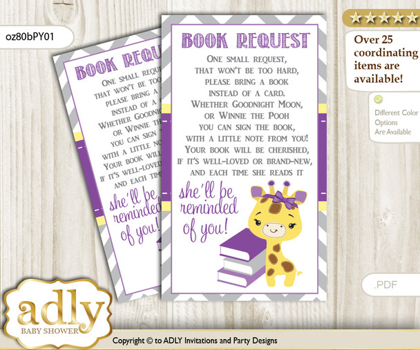 Request a Book Instead of a Card for Giraffe Girl Baby Shower or Birthday, Printable Book DIY Tickets, Safari, Purple Yellow