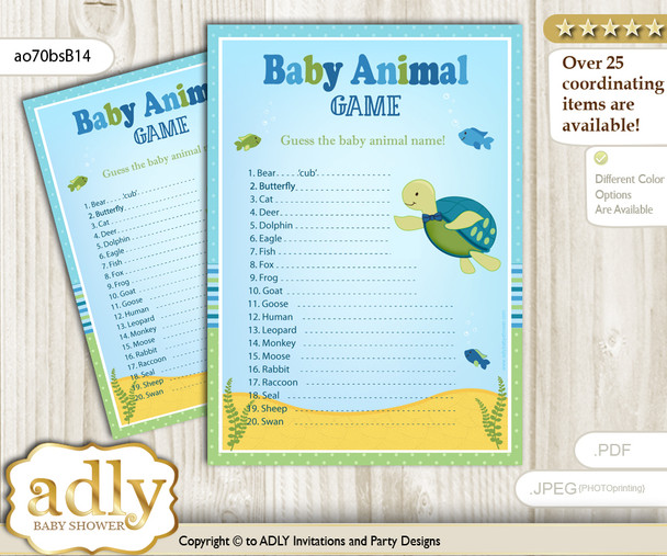 Printable Turtle Boy Baby Animal Game, Guess Names of Baby Animals Printable for Baby Boy Shower, Sea, Reef