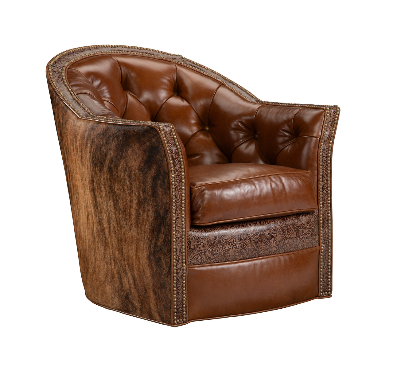 Glider Brown Leather Swivel Barrel Chair Erenson Caramel Top Grain