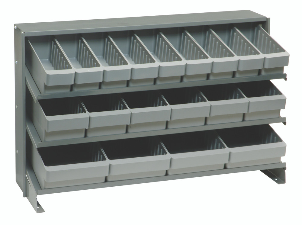 QPRHA-567GY Pick Rack, slopped, bench style, 12-1/2"L x 36"W x 23"H, 250 lbs. capacity, (3) shelves configuration, includes: (27) QED501 gray bins