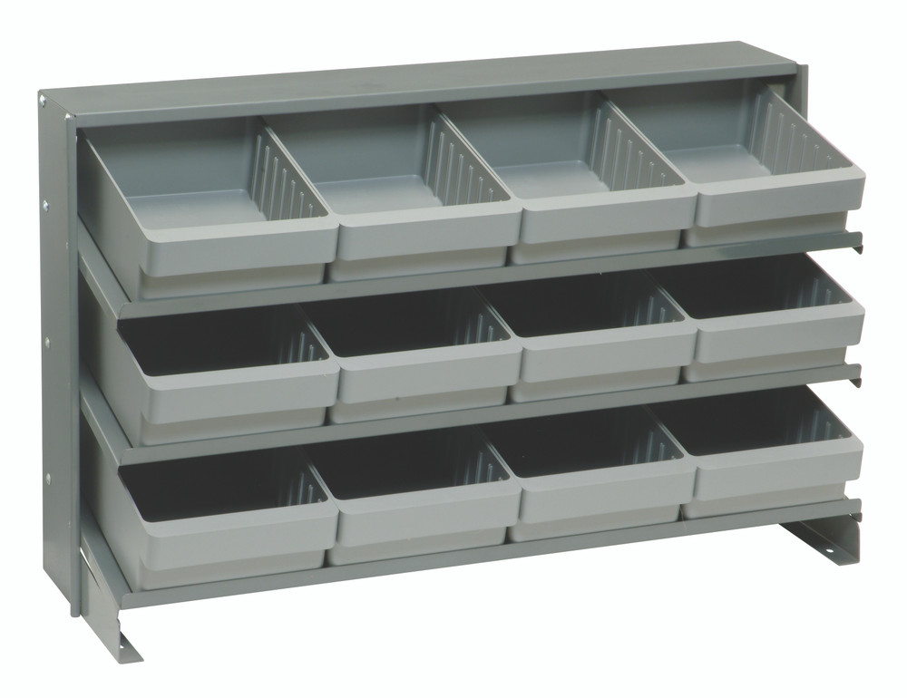 QPRHA-701GY Pick Rack, slopped, bench style, 12-1/2"L x 36"W x 23"H, 250 lbs. capacity, (3) shelves configuration, includes: (12) QED701 gray bins