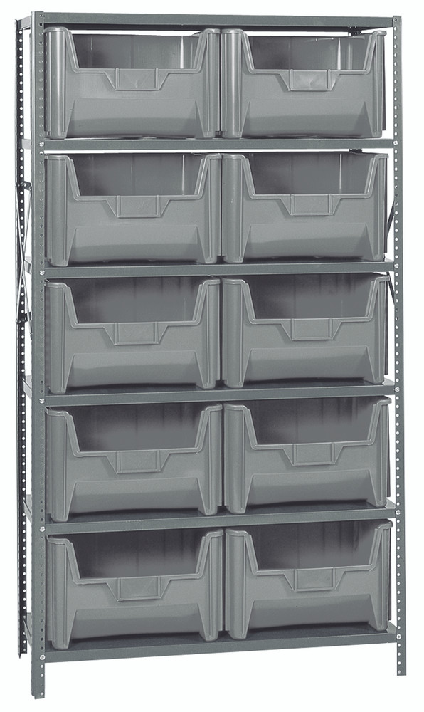 QSBU-700GY Shelving Unit, 18"D x 42"L x 75"H, heavy duty, 400 lb. load capacity per shelf, includes: (6) shelves and (10) QGH700 gray bins, uprights and cross bars, galvanized steel finish