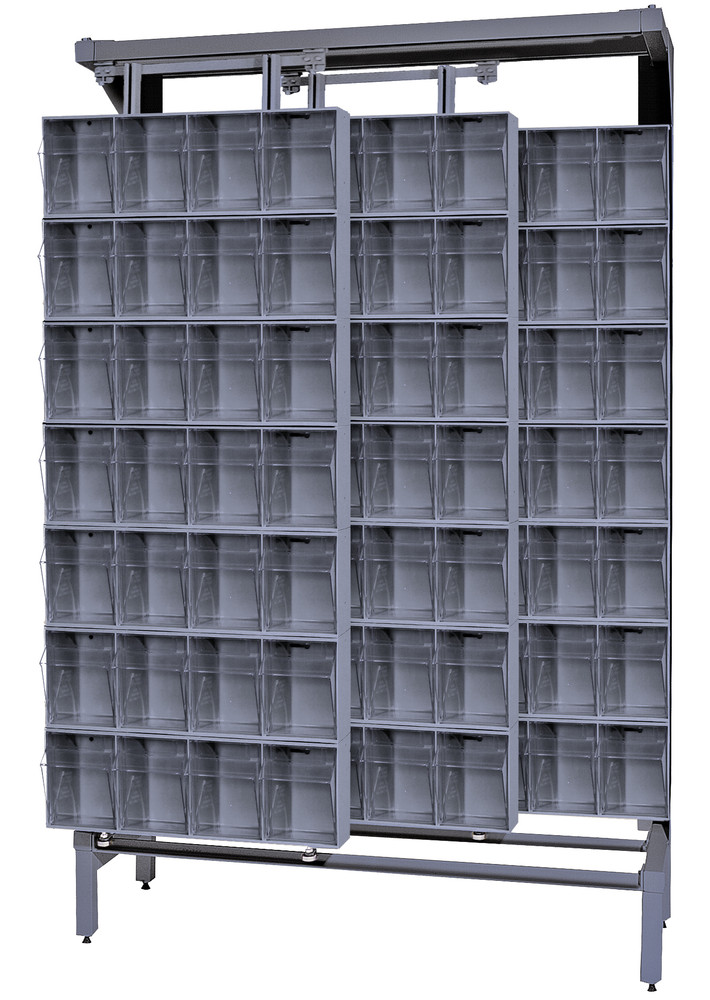 QS-304-28GY Free Standing Slider, 18"D x 48"W x 77"H, 2000 lbs load capacity, made of though 14 gauge steel, includes: (28) QTB304 tip out gray bins