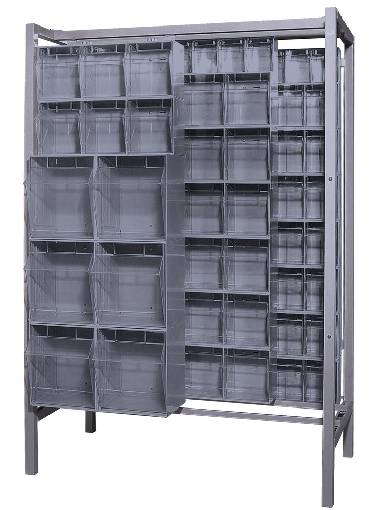 QS-BIG-101GY Free Standing Slider, 26"D x 51-1/4"W x 77"H, 2000 lbs load capacity, made of though 14 gauge steel, includes: (3) QTB302, (8) QTB303, (14) QTB304 and (3) QTB305 tip out gray bins