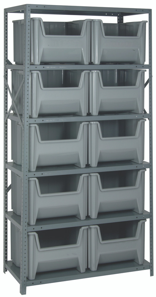 QSBU-800GY Shelving Unit, 18"D x 36"L x 75"H, heavy duty, 400 lb. load capacity per shelf, includes: (6) shelves and (10) QGH800 gray bins, uprights and cross bars, galvanized steel finish
