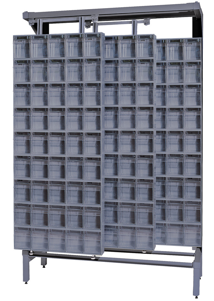 QS-305-36GY Free Standing Slider, 18"D x 48"W x 77"H, 2000 lbs load capacity, made of though 14 gauge steel, includes: (36) QTB305 tip out gray bins