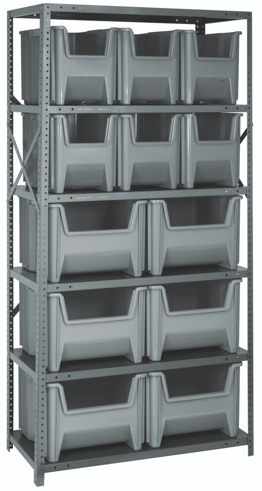QSBU-600800GY Shelving Unit, 18"D x 36"L x 75"H, heavy duty, 400 lb. load capacity per shelf, includes: (6) shelves (6) QGH600 and (6) QGH800 gray bins, uprights and cross bars, galvanized steel finish