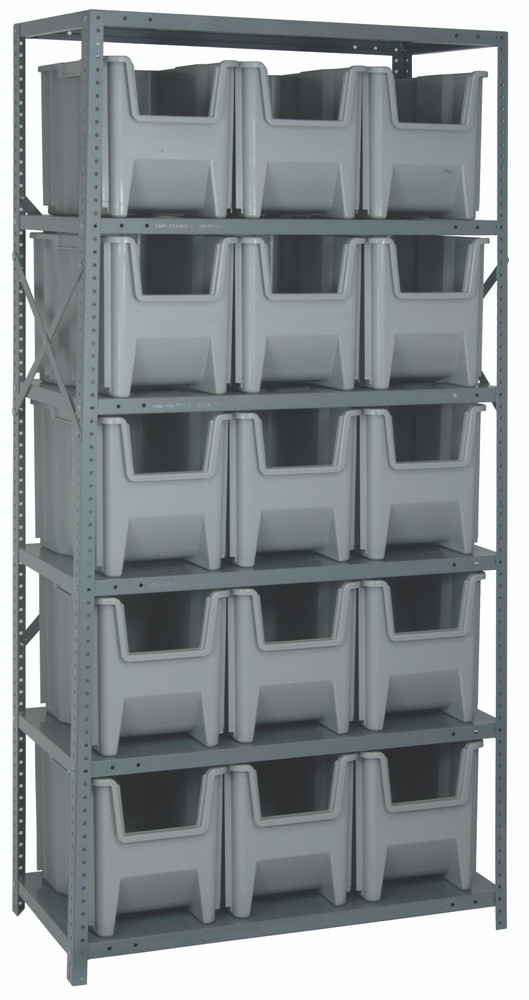QSBU-600GY Shelving Unit, 18"D x 36"L x 75"H, heavy duty, 400 lb. load capacity per shelf, includes: (6) shelves and (15) QGH600 gray bins, uprights and cross bars, galvanized steel finish