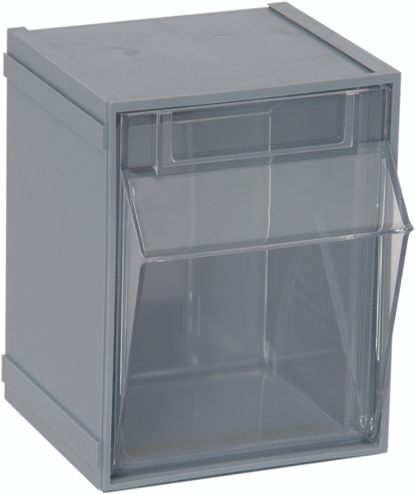 QTB405GY Tip Out Bin, (1) compartment, 5-1/4"W x 4-3/4"D x 6-1/4"H, handle with label slot, opens to a 45° angle, plastic clear container, polystyrene gray cabinet, Made in USA