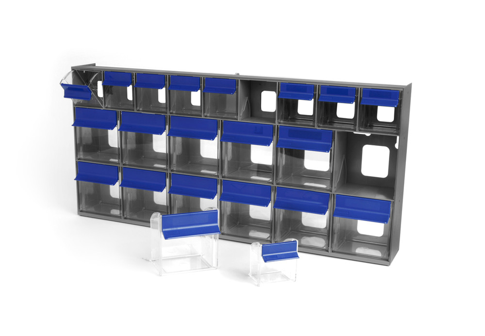 QTB669GY Tip Out Bin, (21) compartment, 23-5/8"W x 11-1/6"D x 3-5/8"H, blue handle with label slot, opens to a 45° angle, plastic clear container, polystyrene gray cabinet, Made in USA