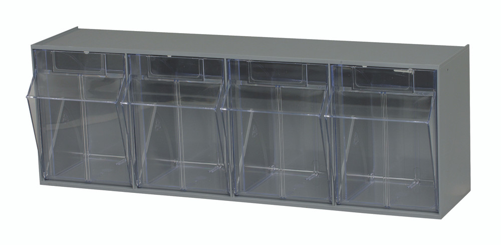 QTB304GY Tip Out Bin, (4) compartment, handle with label slot, opens to a 45° angle, plastic clear container, polystyrene gray cabinet, Made in USA