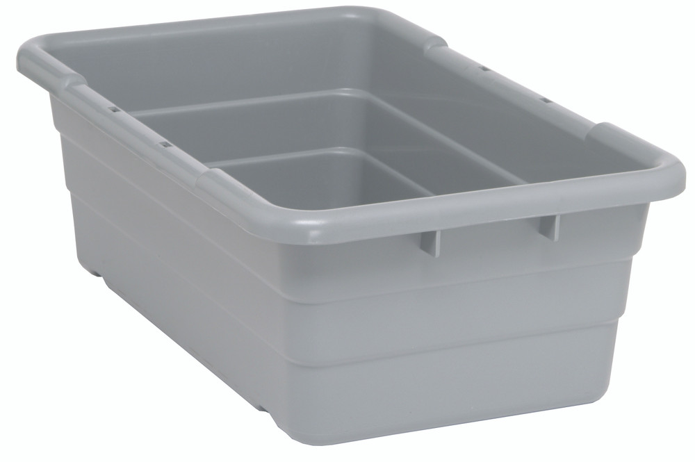 TUB2516-8GY Cross Stack Tub, 5.51 gallon capacity, 100 lb. weight capacity, built-in handle grips, bottom grooves for cross stacking, 1/4" drill hole pattern on bottom, polypropylene, gray, Made in USA