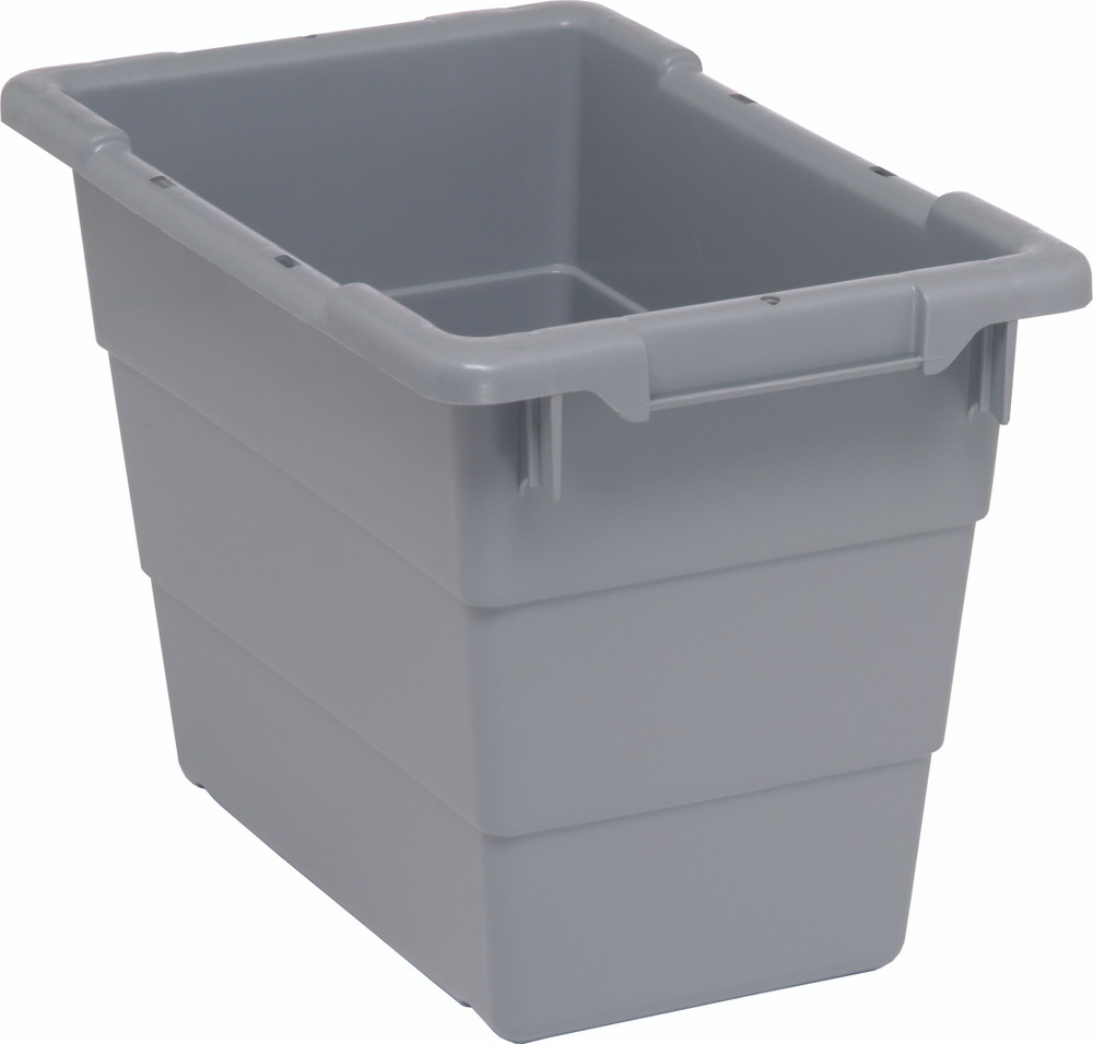 TUB1711-12GY Cross Stack Tub, 5.51 gallon capacity, 100 lb. weight capacity, built-in handle grips, bottom grooves for cross stacking, 1/4" drill hole pattern on bottom, polypropylene, gray, Made in USA