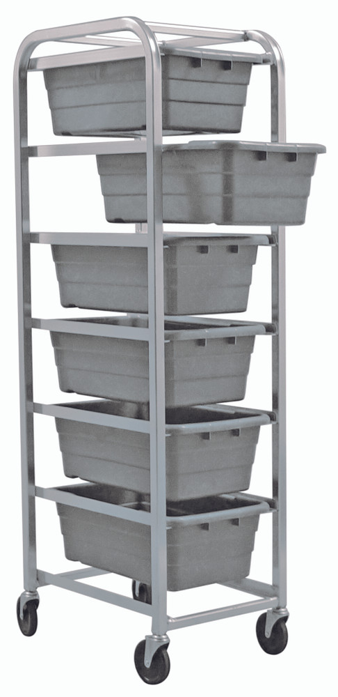TR6-2516-8GY Tub Rack, mobile, 60 lb. weight capacity per bin, end loading, holds (6) TUB2516-8 gray tubs (included), welded aluminum construction, (4) 5" swivel polyolefin casters