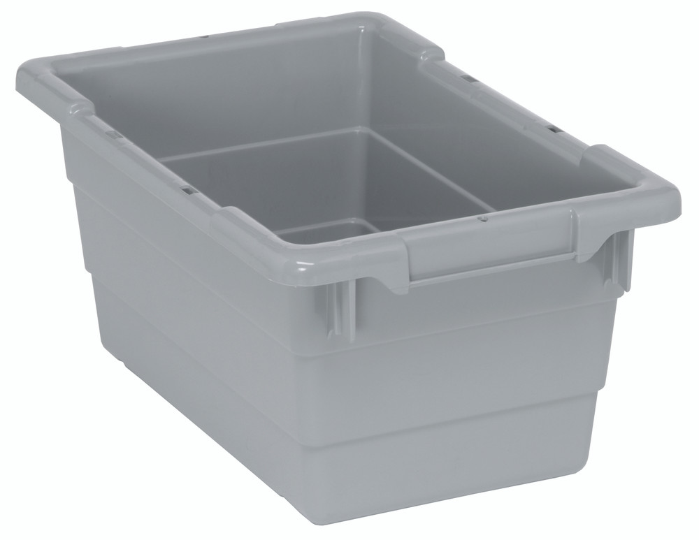 TUB1711-8GY Cross Stack Tub, 3.85 gallon capacity, 100 lb. weight capacity, built-in handle grips, bottom grooves for cross stacking, 1/4" drill hole pattern on bottom, polypropylene, gray, Made in USA