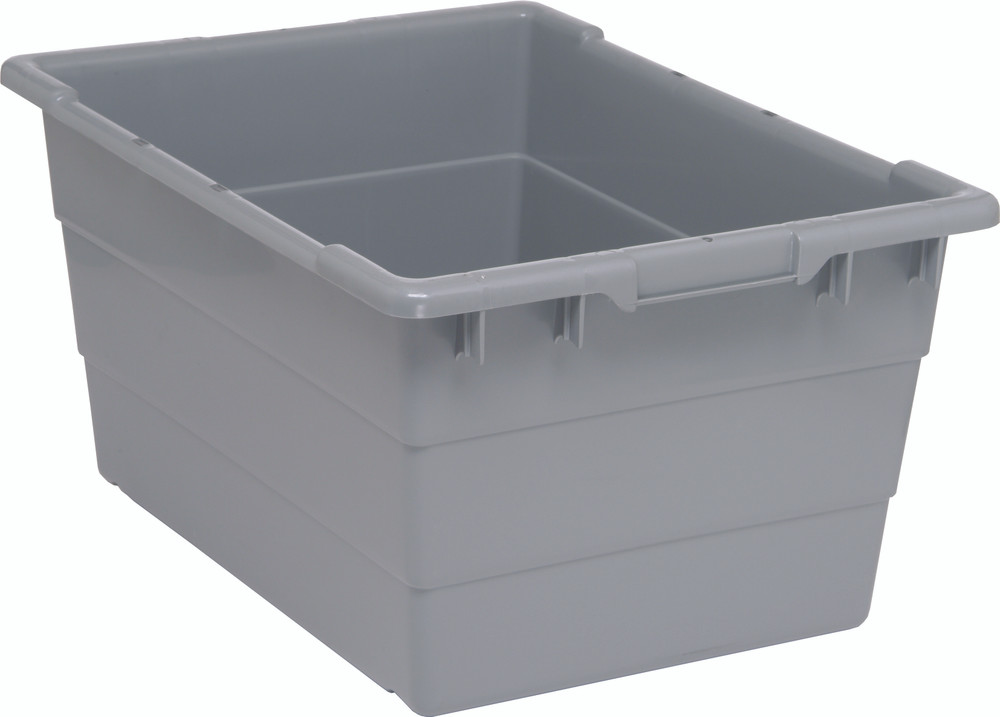 TUB2417-12GY Cross Stack Tub, 14.38 gallon capacity, 100 lb. weight capacity, built-in handle grips, bottom grooves for cross stacking, 1/4" drill hole pattern on bottom, polypropylene, gray, Made in USA