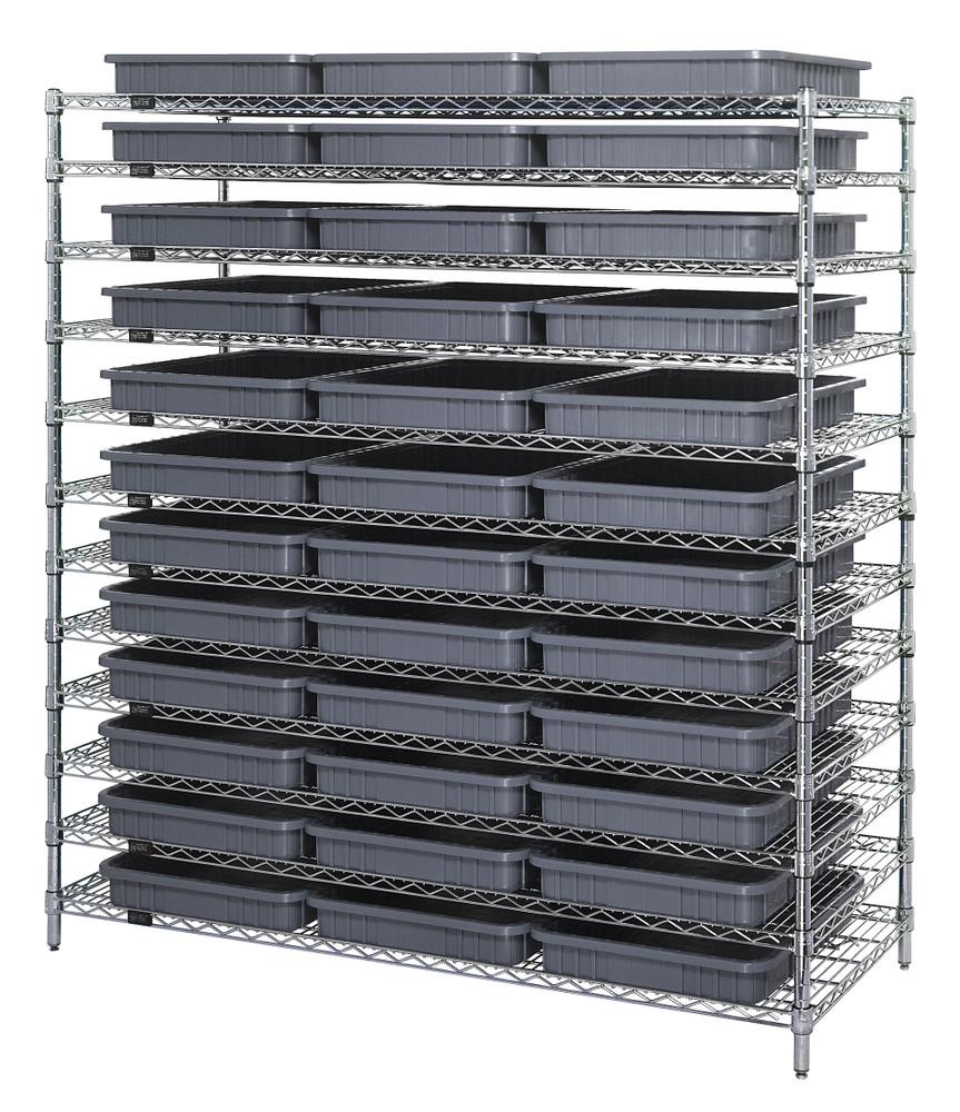 WR12-93030GY Bin Wire Shelving System, 60"L x 24"D x 63"H, 800 lbs load capacity per shelf, includes: (12) shelves and (36) DG93030 gray containers, chrome plated finish, shipped KD