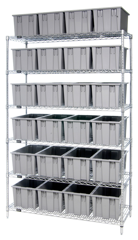 WR6-24185GY Bin Wire Shelving System, 48"L x 18"D x 74"H, 800 lbs load capacity per shelf, includes: (6) shelves and (24) SNT185 gray containers, chrome plated finish, shipped KD