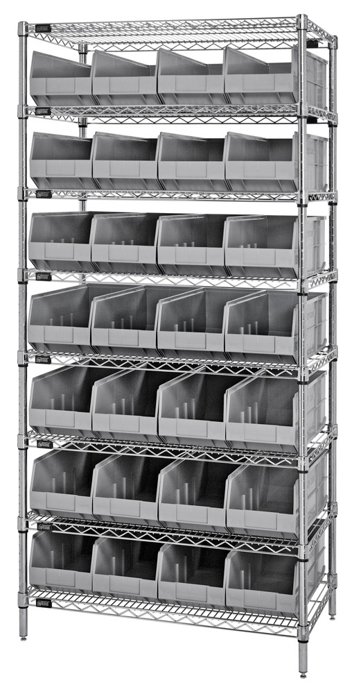 WR8-423GY Bin Wire Shelving System, 36"W x 12"D x 74"H, 800 lbs load capacity per shelf, includes: (8) shelves and (28) SSB423 gray bins, chrome plated finish, shipped KD