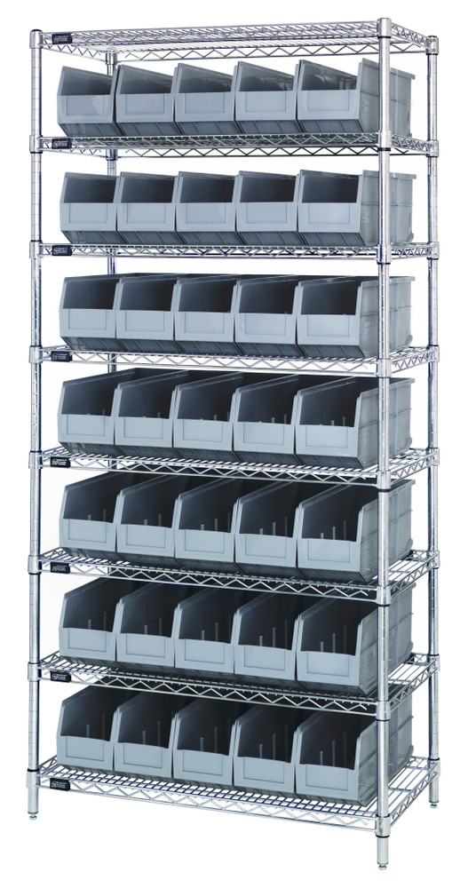 WR8-441GY Bin Wire Shelving System, 36"W x 14"D x 74"H, 800 lbs load capacity per shelf, includes: (8) shelves and (35) SSB441 gray bins, chrome plated finish, shipped KD