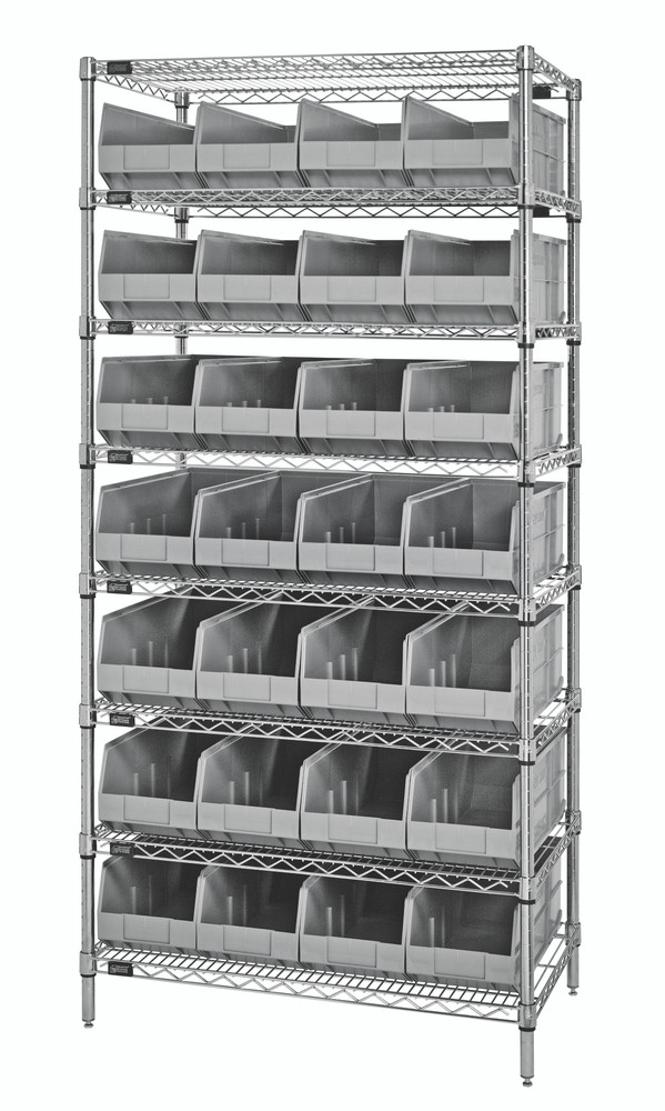 WR8-483GY Bin Wire Shelving System, 36"W x 21"D x 74"H, 800 lbs load capacity per shelf, includes: (8) shelves and (28) SSB483 gray bins, chrome plated finish, shipped KD