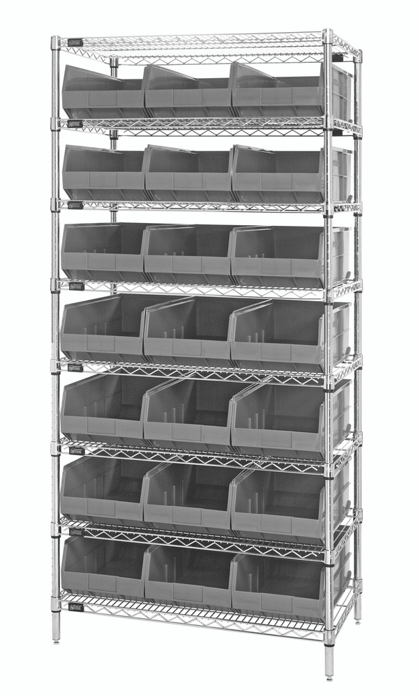 WR8-485GY Bin Wire Shelving System, 36"W x 21"D x 74"H, 800 lbs load capacity per shelf, includes: (8) shelves and (21) SSB485 gray bins, chrome plated finish, shipped KD