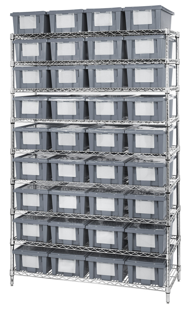 WR9-36180GY Bin Wire Shelving System, 48"W x 18"D x 74"H overall size, 800 lb. capacity per shelf, includes: (9) wire shelves, (4) posts, and (36) SNT180 gray containers, chrome plated finish