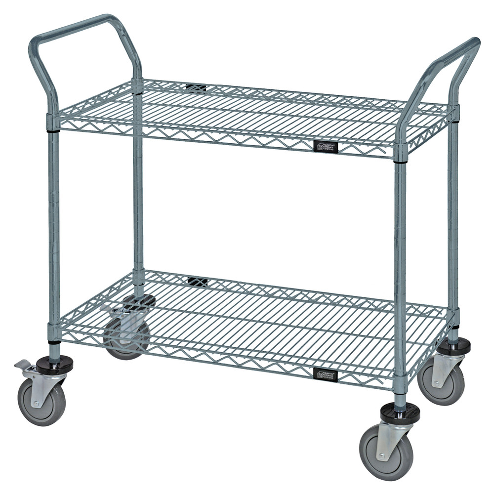 WRC-1836GY-2 Utility Cart, 36"W x 18"D x 37-1/2"H, (2) wire shelves, 1200 lb. capacity, (2) "U" shaped handles, open base, donut bumpers, (4) 5" polyurethane swivel casters (2 with brakes), gray epoxy antimicrobial finish, NSF